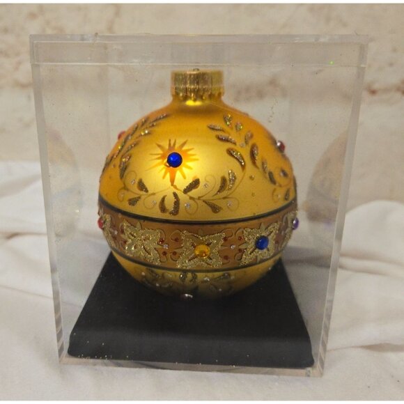Hand Crafted Blown Glass Christmas 3" Ornament Gold w/ Jewels Holiday - Picture 2 of 3